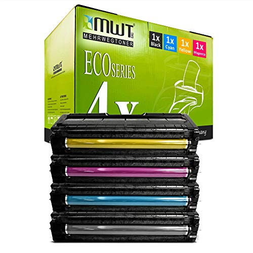 Ein Stapel von vier Farbtonerkartuschen vor einer grünen ECO Series Verpackung.