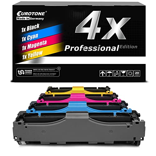 Vier Drucker-Tonerkassetten in Schwarz, Cyan, Magenta und Gelb, mit der Produktbox im Hintergrund.
