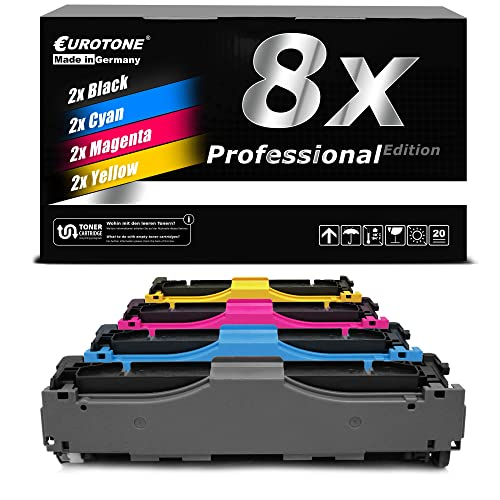 Eurotone-Druckerpatronen: Set mit acht Patronen in Schwarz, Cyan, Magenta und Gelb vor schwarzem Karton.