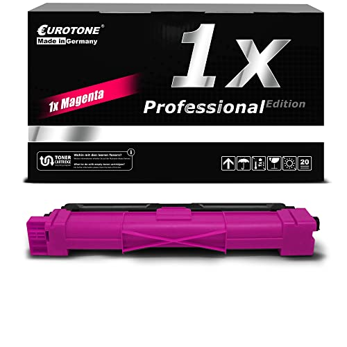 Eine Eurotone Magenta Tonerpatrone liegt vor einer schwarz-weißen Produktverpackung.