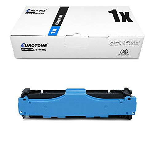 Eine weiße Eurotone-Verpackung und eine dazugehörige Cyan-Tonerkartusche auf weißem Hintergrund.