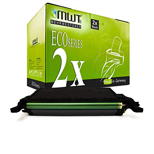 Eine schwarze Druckertonerpatrone vor einer grünen und schwarzen MWT Eco Series Box.