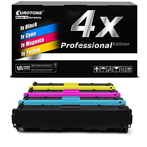 Vierfarbige Tonerkartuschen in Schwarz, Cyan, Magenta und Gelb vor einer schwarzen Verpackungsbox.