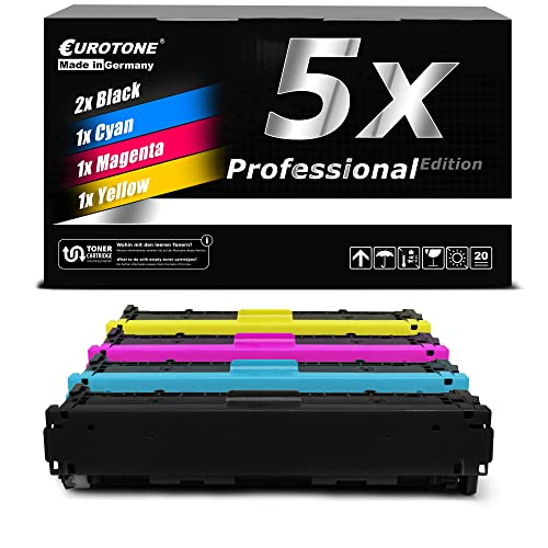 Eurotone Tonerkartuschen-Set mit fünf Patronen in Schwarz, Cyan, Magenta und Gelb vor einer schwarzen Produktverpackung.