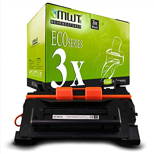 Eine schwarze CF281A Tonerkassette liegt vor einer grünen MWT Eco Series Box mit drei schwarzen Einheiten.