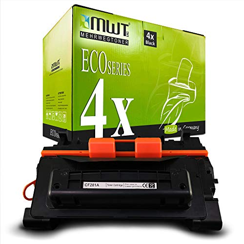 Eine grüne MWT Tonerbox und ein schwarzer CF281A Toner auf weißem Hintergrund.