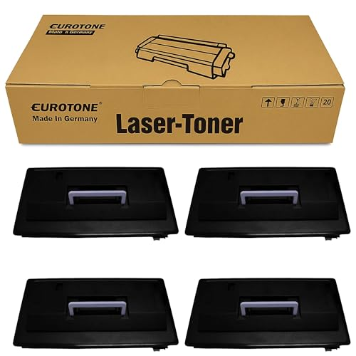 Eine Eurotone Lasertoner Kartonage und vier schwarze Tonerpatronen auf weißem Hintergrund.