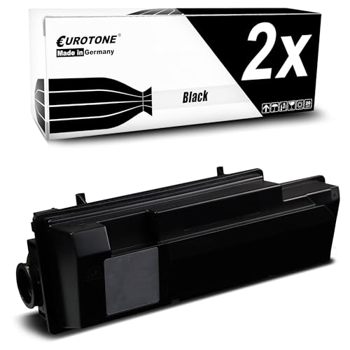 Schwarze Tonerkassette vor einer weiß-schwarzen Eurotone-Verpackung mit der Aufschrift 2x.