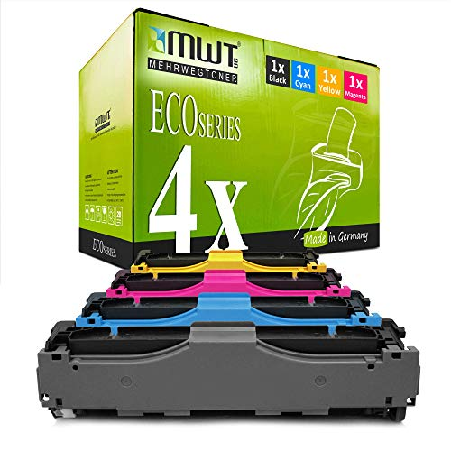 Vier bunte Druckerpatronen vor einer grünen MWT-Eco-Series Verpackungsbox.