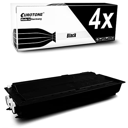 Eine schwarze Tonerpatrone und eine weiße Eurotone-Verpackung mit der Aufschrift 4x.