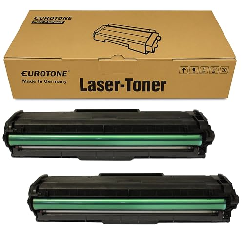 Zwei schwarze Laser-Tonerkartuschen mit grünen Walzen vor einer Eurotone-Kartonverpackung.