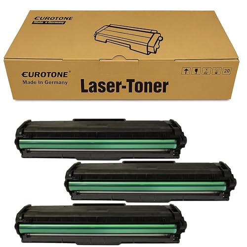 Eine braune Eurotone Lasertoner-Box mit drei schwarzen Tonerkartuschen mit grünem Zylinder davor.