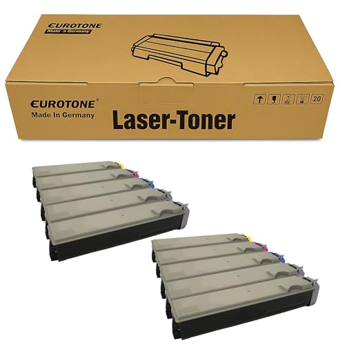 Eurotone Lasertoner Karton mit zwei Sets von je fünf Druckerkartuschen davor vor weißem Hintergrund.