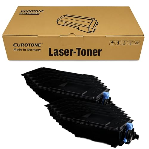 Eine braune Eurotone Laser-Toner Schachtel und mehrere schwarze Tonerkartuschen davor.