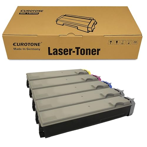 Eine offene braune Eurotone Lasertoner-Schachtel mit fünf bunten Tonerkassetten davor auf weißem Hintergrund.