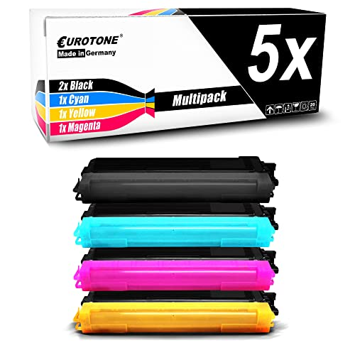 Eurotone Druckerpatronen Multipack mit fünf Tonerkartuschen in Schwarz, Cyan, Magenta und Gelb.