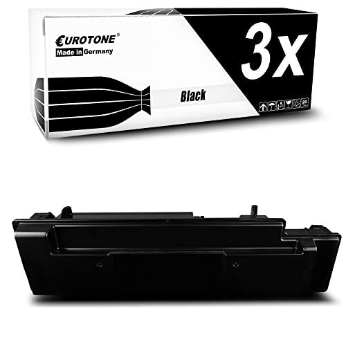 Eine schwarze Tonerkartusche unter einer schwarz-weißen Produktverpackung mit der Aufschrift Eurotone Black 3x.