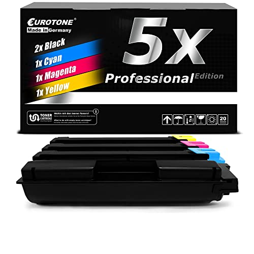 Eine schwarze Verpackung für fünf Tonerpatronen, vorne liegen fünf Patronen in Schwarz, Cyan, Magenta und Gelb.