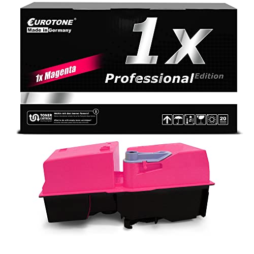 Eine magentafarbene Tonerkartusche vor der schwarzen Produktverpackung Eurotone Professional Edition.