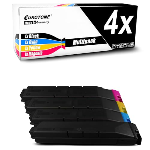 Eurotone Druckerpatronen Multipack mit vier Tintenpatronen in Schwarz, Cyan, Gelb und Magenta und deren Verpackung.