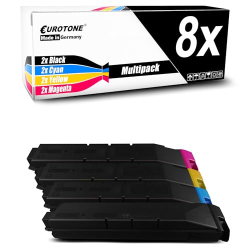Eine Eurotone Multipack-Druckerpatronenbox mit acht Patronen in Schwarz, Cyan, Gelb und Magenta.