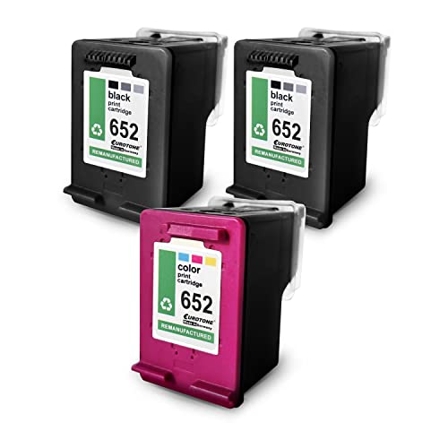 Drei recycelte 652 Tintenpatronen, zwei schwarze und eine farbige, auf weißem Hintergrund.