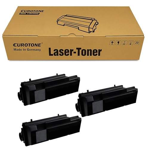 Ein brauner Eurotone Laser-Toner Karton mit drei schwarzen Tonerkartuschen darunter vor weißem Hintergrund.
