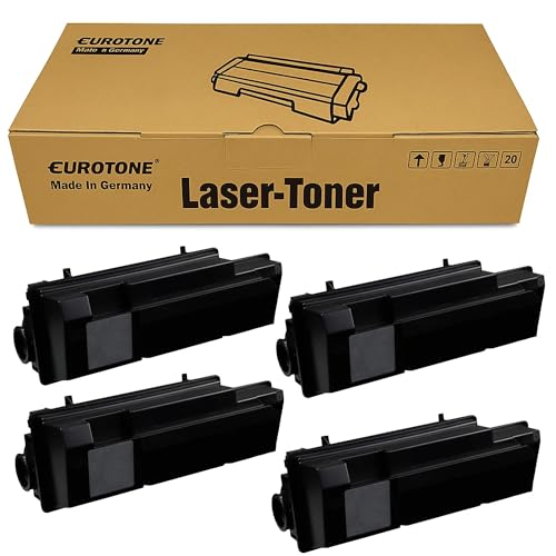 Eine braune Eurotone Laser-Toner Schachtel und vier schwarze Tonerkartuschen davor auf weißem Grund.