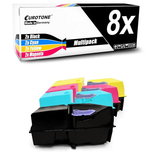 Eurotone Multipack-Box und acht Tintenpatronen in Schwarz, Cyan, Gelb und Magenta auf weißem Hintergrund.