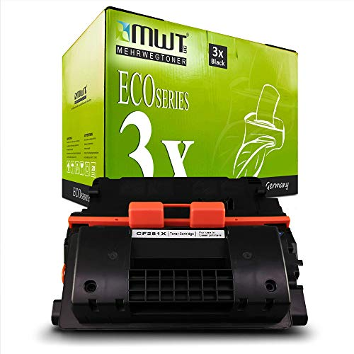 Eine schwarze Tonerpatrone liegt vor einer grünen Verpackung der MWT Eco Series.