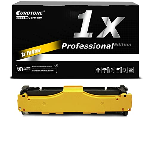 Gelbe Tonerkassette vor schwarzer Eurotone Produktverpackung.