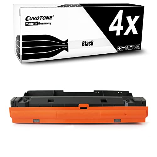Eine schwarze und orangefarbene Tonerkassette vor einer Verpackungsbox mit der Aufschrift '4x Black'.