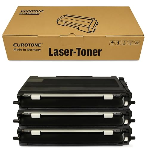 Eine braune Eurotone Lasertoner Box und drei schwarze Lasertoner-Kartuschen darunter auf weißem Grund.