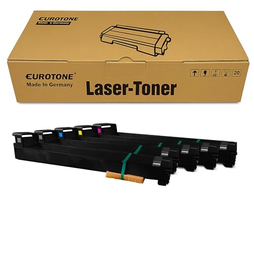 Eine braune Eurotone Laser-Toner Schachtel mit vier schwarzen Tonerkartuschen davor auf weißem Hintergrund.