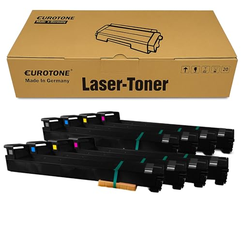 Eurotone Lasertoner Box und acht schwarze Tonerkartuschen mit farbigen Markierungen.