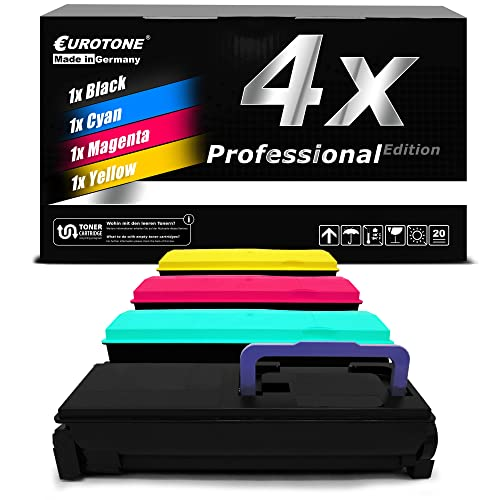 Eurotone-Tonerkassettenset in Schwarz, Cyan, Magenta und Gelb vor einer schwarzen Produktbox.