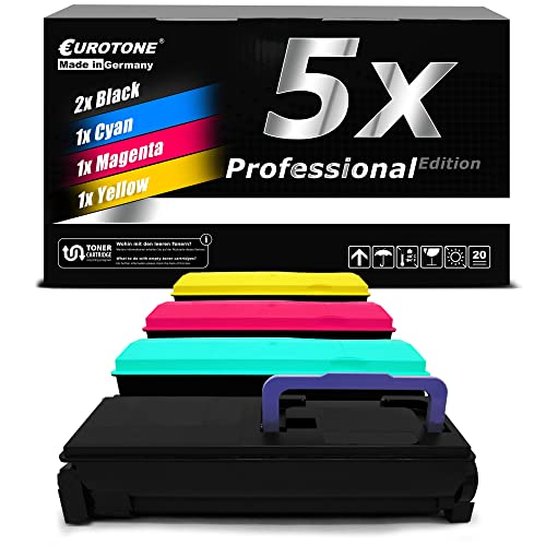 Eurotone-Tonerkartuschen-Set: Fünf Patronen in Schwarz, Cyan, Magenta und Gelb vor schwarzem Verpackungskarton.