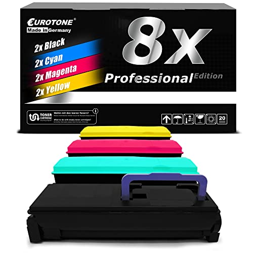 Vier Druckerpatronen in Schwarz, Cyan, Magenta und Gelb vor einer Produktverpackung.