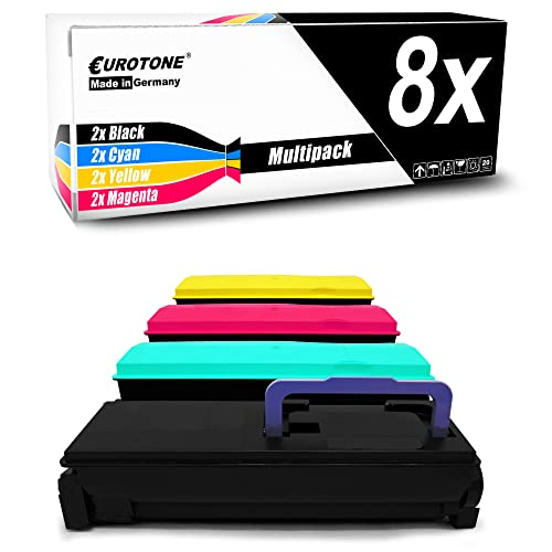Eurotone-Druckerpatronen Multipack mit acht Patronen in Schwarz, Cyan, Gelb und Magenta vor einer Verpackung.