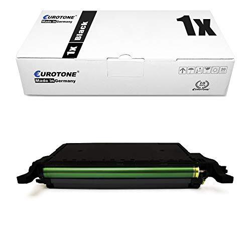 Eine weiße Eurotone-Verpackungsbox für schwarze Druckerpatronen mit einer Tonerkassette davor.