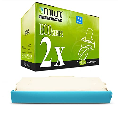 Grüne MWT-Eco-Series Tonerbox und eine cyanblaue Tonerkassette auf weißem Hintergrund.