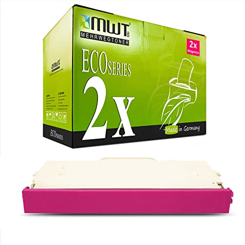 Eine grüne MWT Eco Series Tonerbox über einer magentafarbenen Tonerkassette auf weißem Hintergrund.