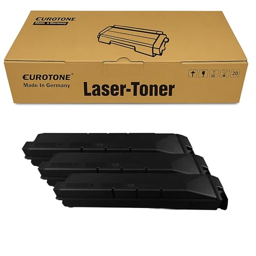 Eine braune Eurotone Laser-Toner Box mit drei schwarzen Tonerkartuschen davor auf weißem Hintergrund.