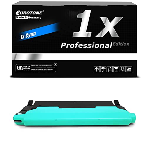 Eurotone-Tonerkartusche in Cyan vor einer schwarz-weißen Verpackung.