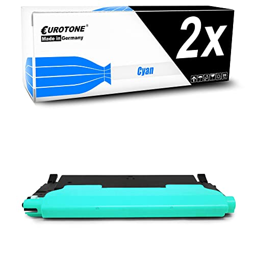 Cyan-Tonerkassette mit ihrer Verpackungsschachtel, beschriftet mit 2x Eurotone.
