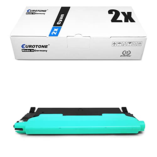 Eine weiße Eurotone Cyan-Druckerpatronenverpackung mit einem cyanfarbenen Toner drunter.
