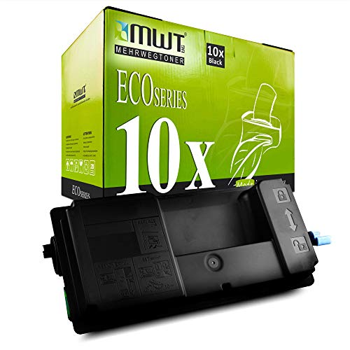 Eine schwarze Tonerkassette steht vor einer grün-schwarzen MWT Eco Series Schachtel.
