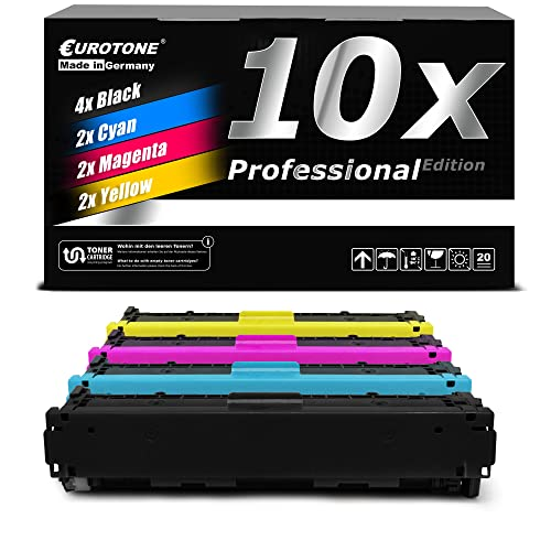 Eurotone Tonerbox mit 10 Patronen in Schwarz, Cyan, Magenta und Gelb vorne.