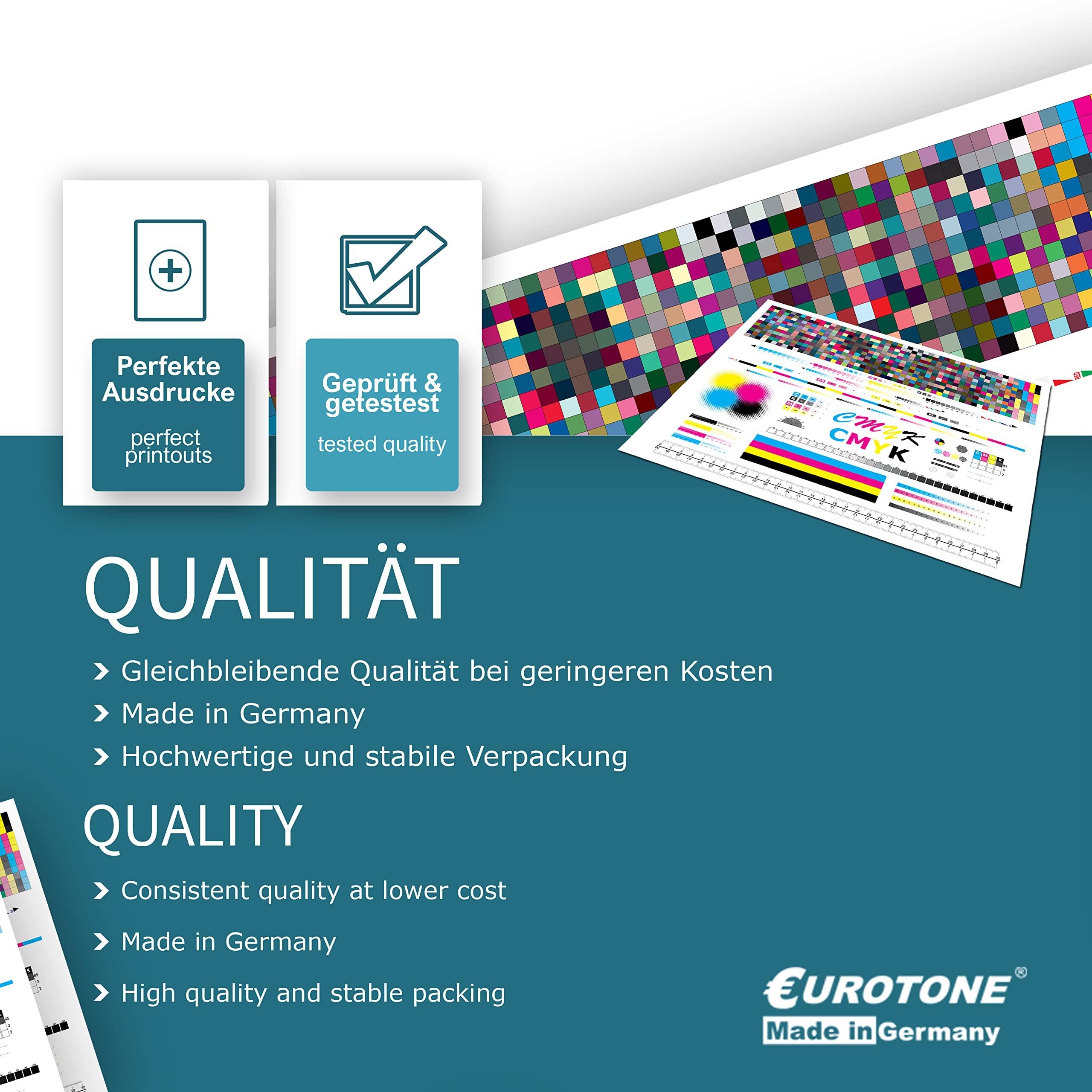 Werbegrafik mit Druckqualitätstests, CMYK-Farbchart und Texten auf Türkis.