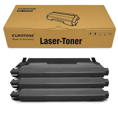Eine braune Eurotone Laser-Toner Schachtel mit drei schwarzen Tonerkartuschen davor.
